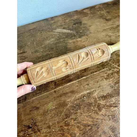 Vintage Springerle Carved Wooden Rolling Pin | Scandinavian Shortbread Cookies - Picture 3 of 8